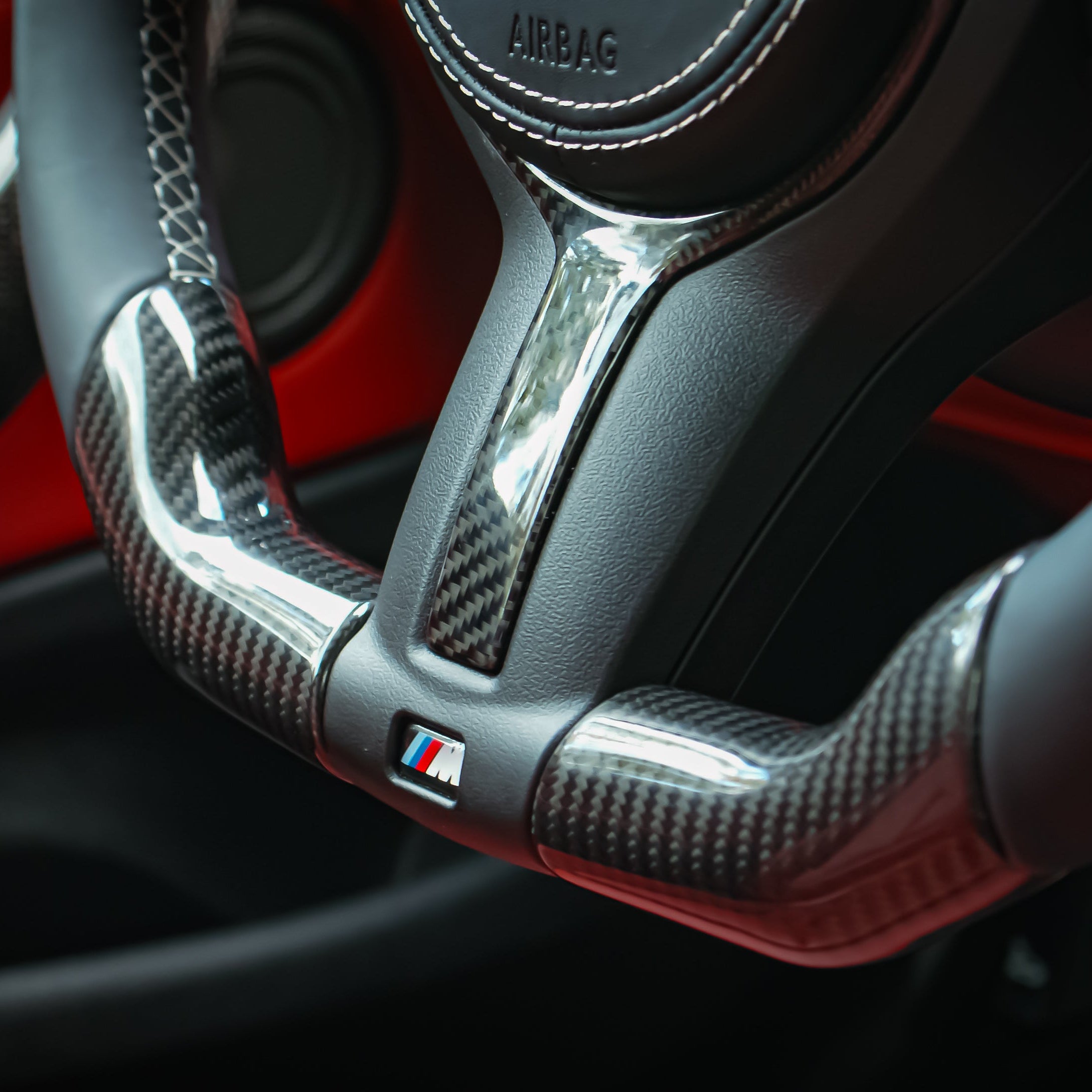 BMW F-Series Steering Wheel Carbon/Leather, White Stitching & Airbag stitching