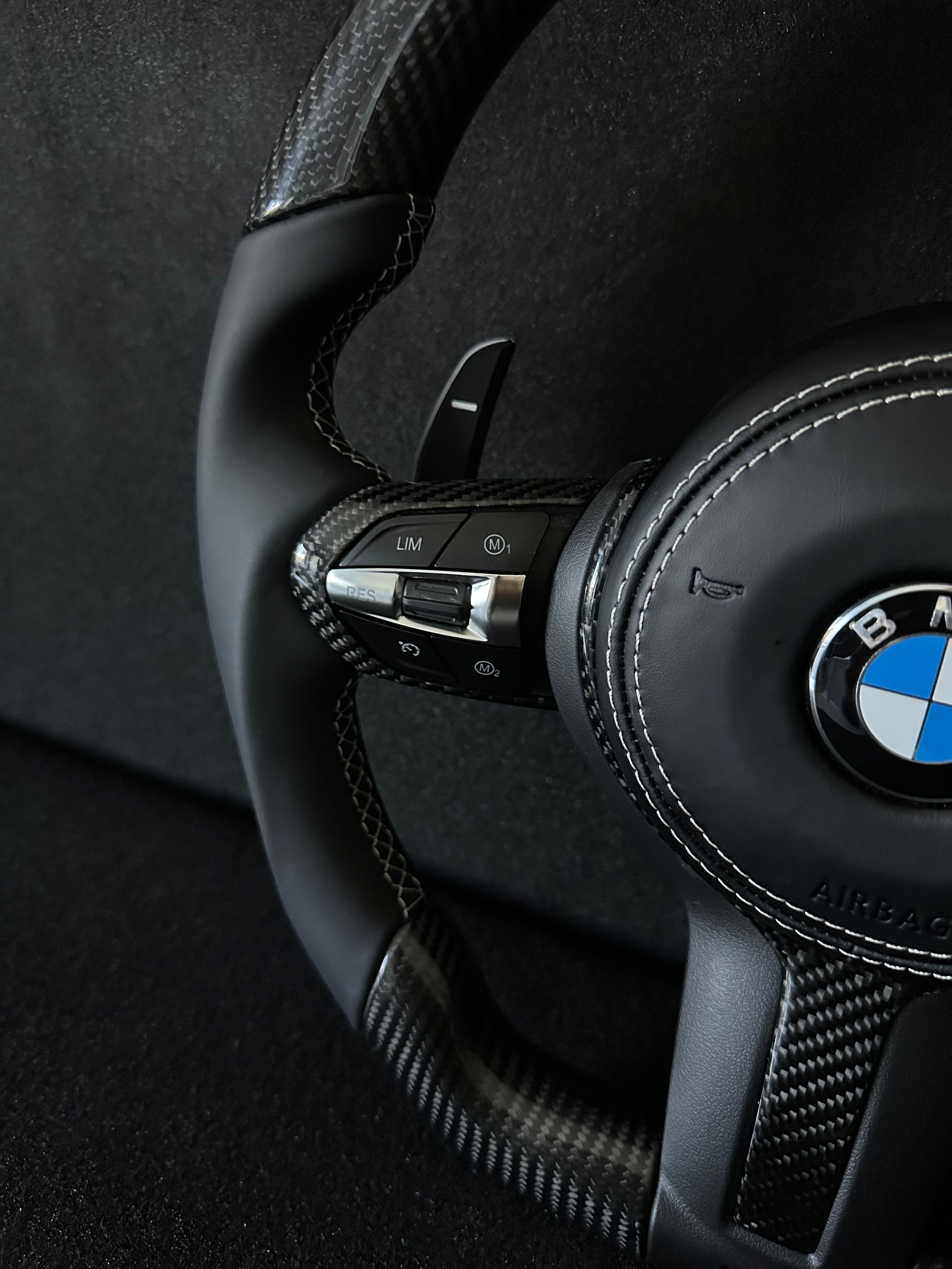 BMW F-Series Steering Wheel Carbon/Leather, White Stitching & Airbag stitching