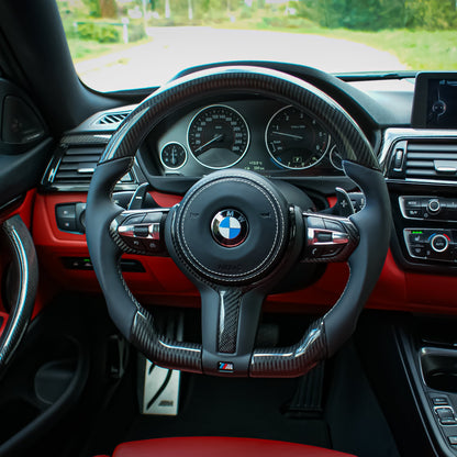 BMW F-Series Steering Wheel Carbon/Leather, White Stitching & Airbag stitching